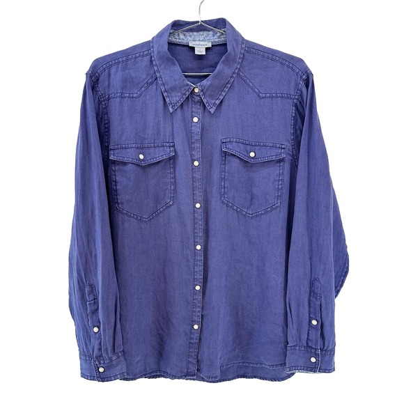 Sundance Tops - SUNDANCE 100% Linen Chambray Pearl Snap Button Up • Large • blue • Western Chic